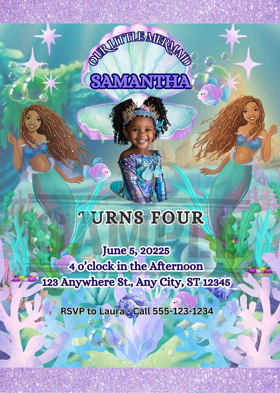 Thumbnail: Make your doll happy. Purchase our Black Little Mermaid birthday party, editable invitations. Clara's Creationz
