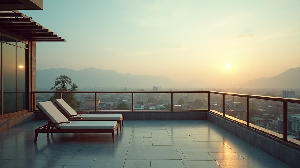 High angle view of a hotel rooftop terrace with chairs and a view of Kathmandu city