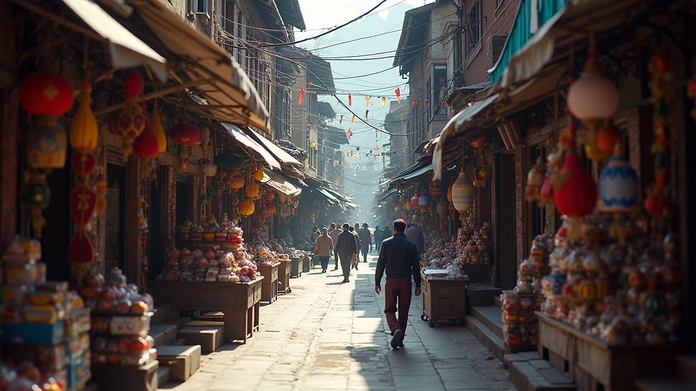 High angle view of a bustling street in Kathmandu with colorful shops