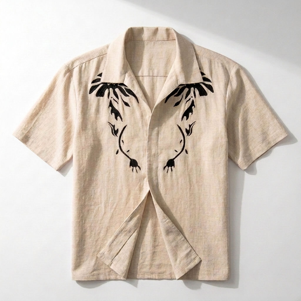 American Vintage Heavyweight Embroidered Linen Polo Shirt Men Summer Vacation St