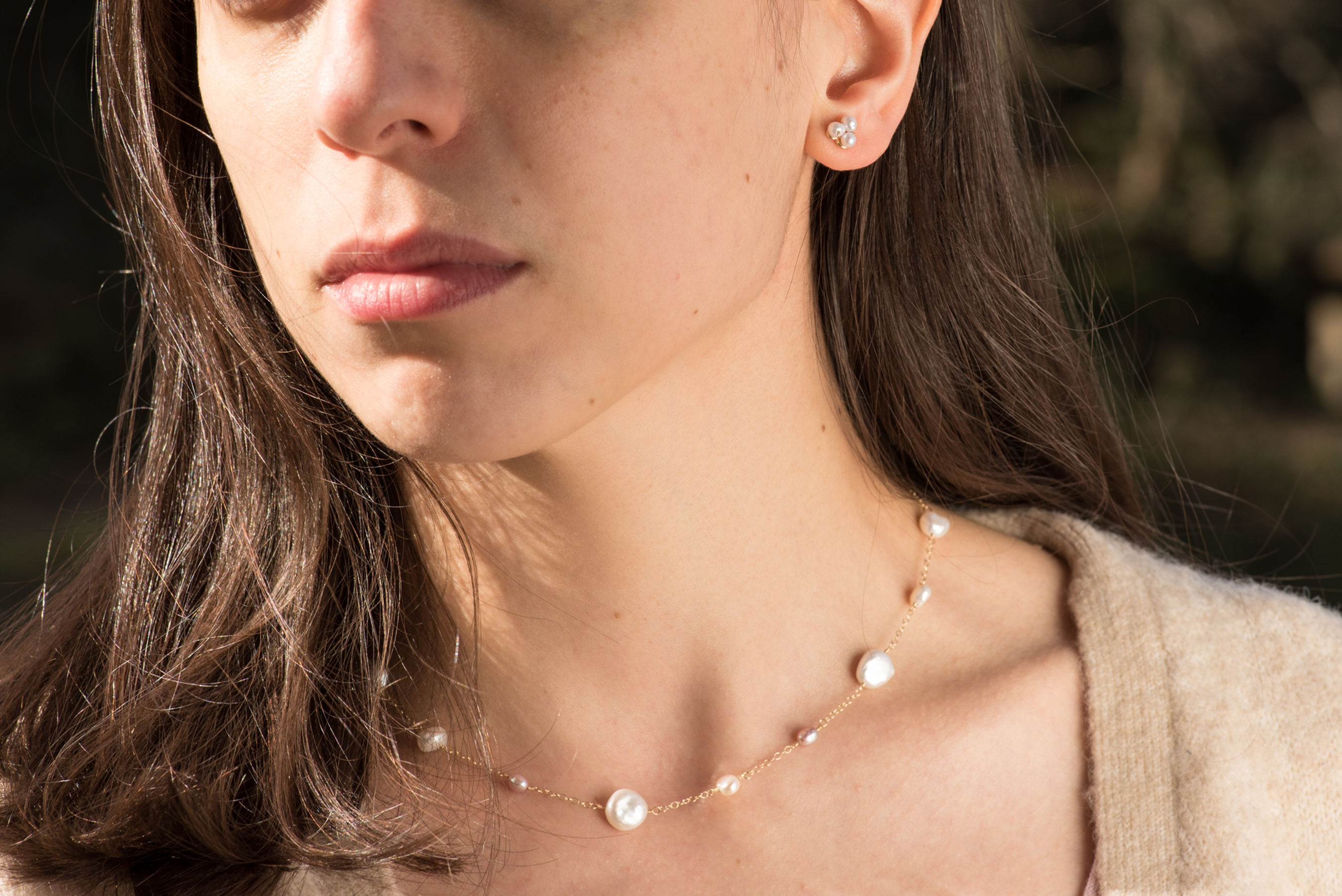 Keshi Pearl and Rose Pearl Chain Necklace