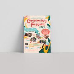 playful, colourful and informative collage design on a leaflet for the community