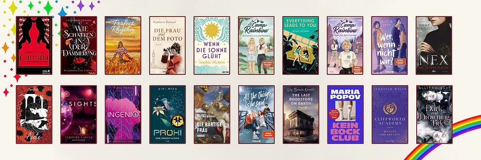 Zwanzig Buchcover von queeren Büchern.