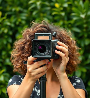 a woman with shoulder length curly hair taking video with an old fashioned video camera wi