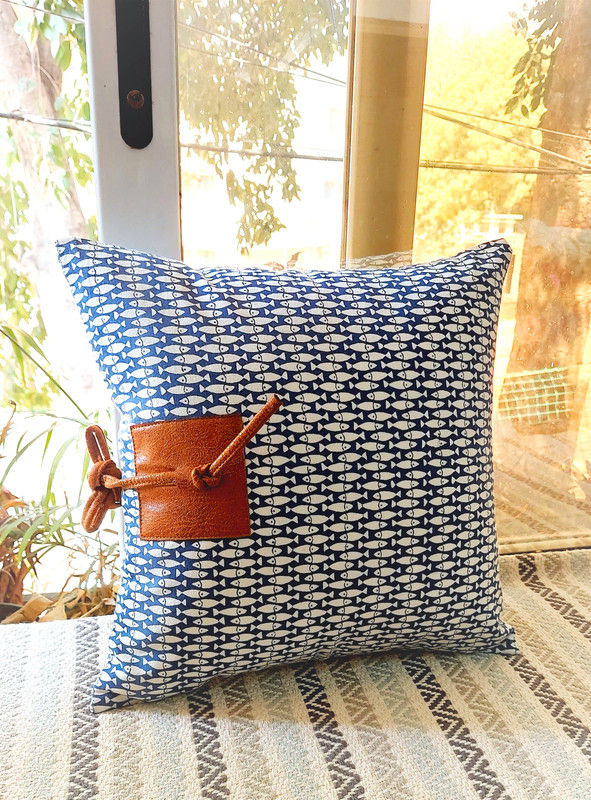 Miniatura: Cobalt Blue Fish Print with Faux Leather Square Cushion Cover 12x12 Inches