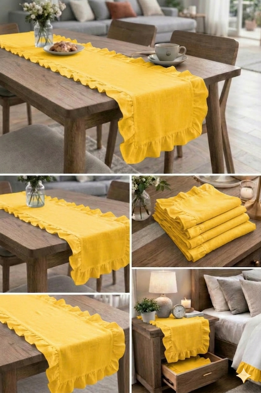 थंबनेल: Yellow Cotton Frill  Table Runner Coffee Table, Living Room Sofa Table