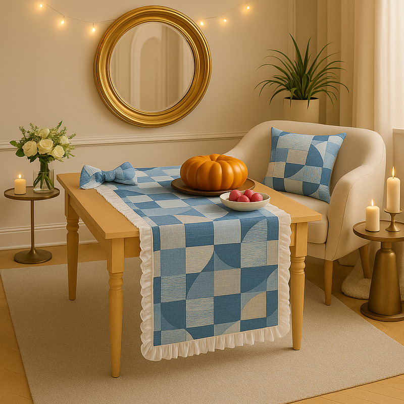 Miniatiūra: Blue Geometric Multicoloured Table Runner |Nightstand, Bed Side Table Cabinet