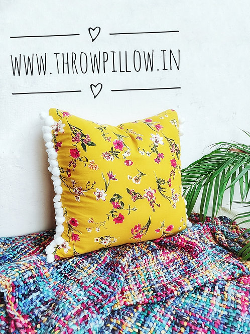 Yellow Floral Pom Pom Throwpillow