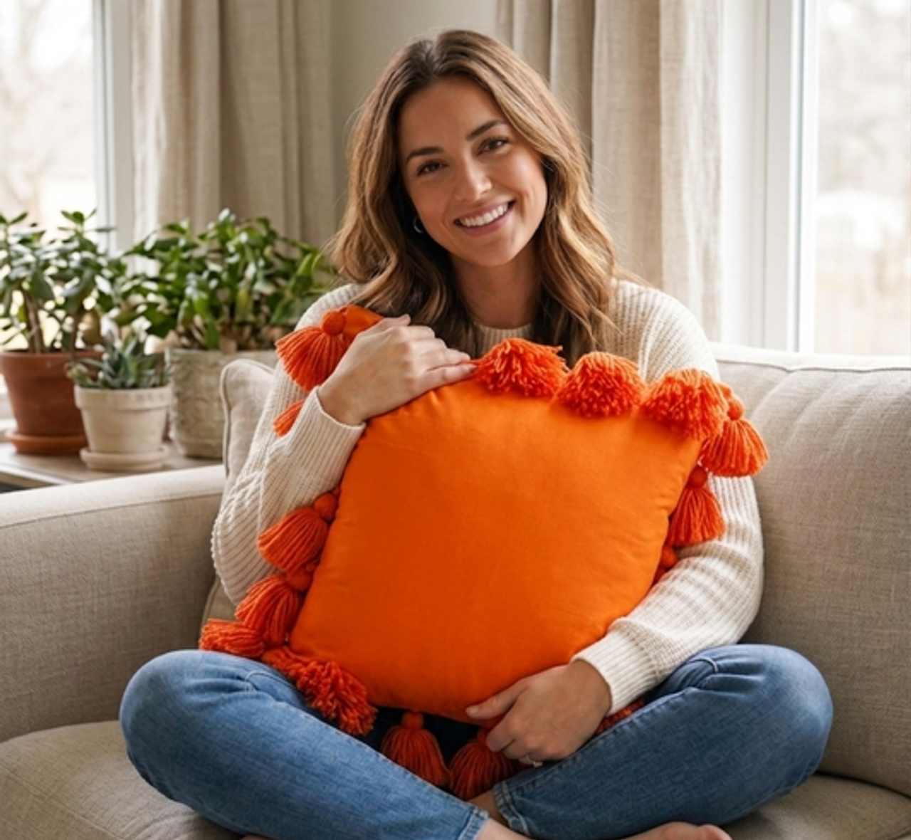 Bright orange tassel trim cushion Large Square Cushion Cover 22x22 Inches