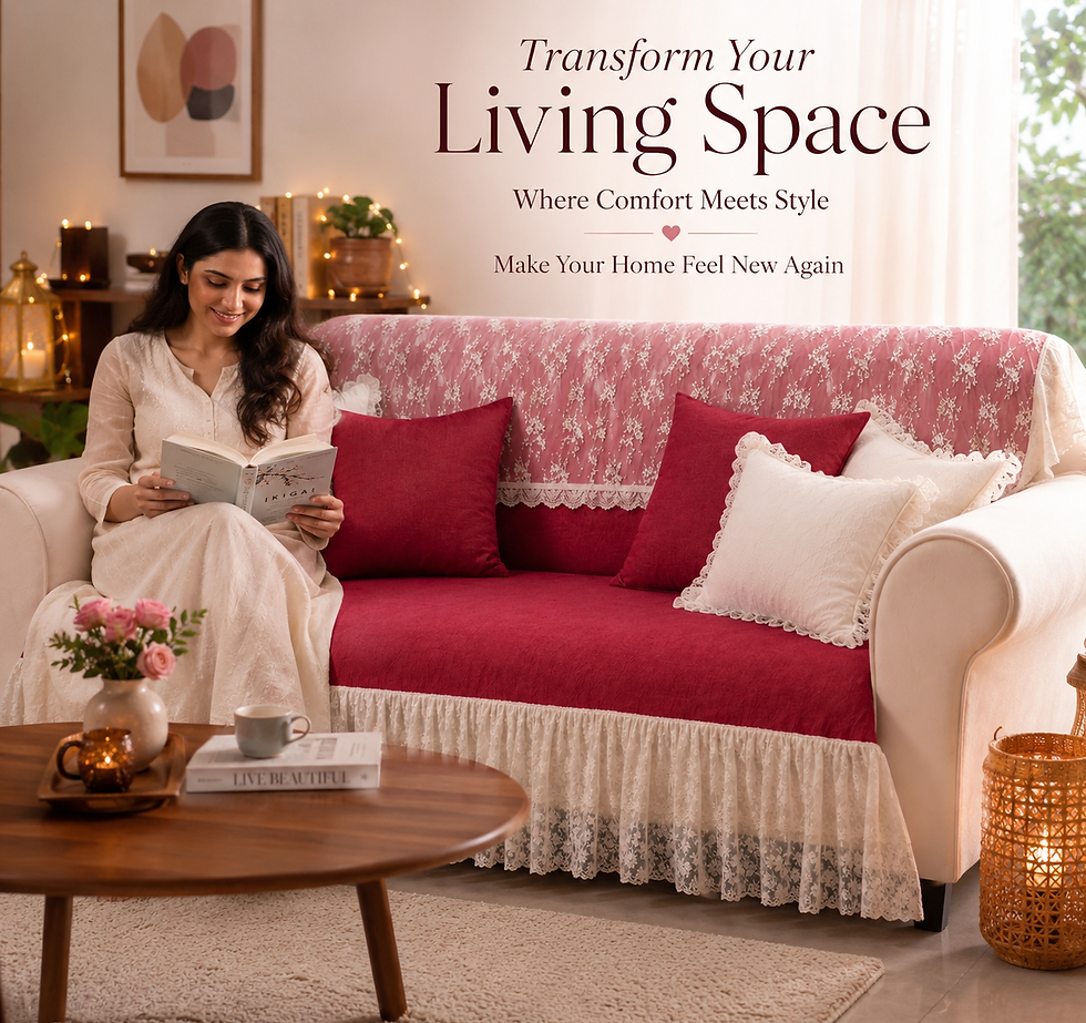 섬네일: Red 5 Seater Sofa Cover With Lace Frill |Lace Frill Sofa Throw 3+2 Seater Set