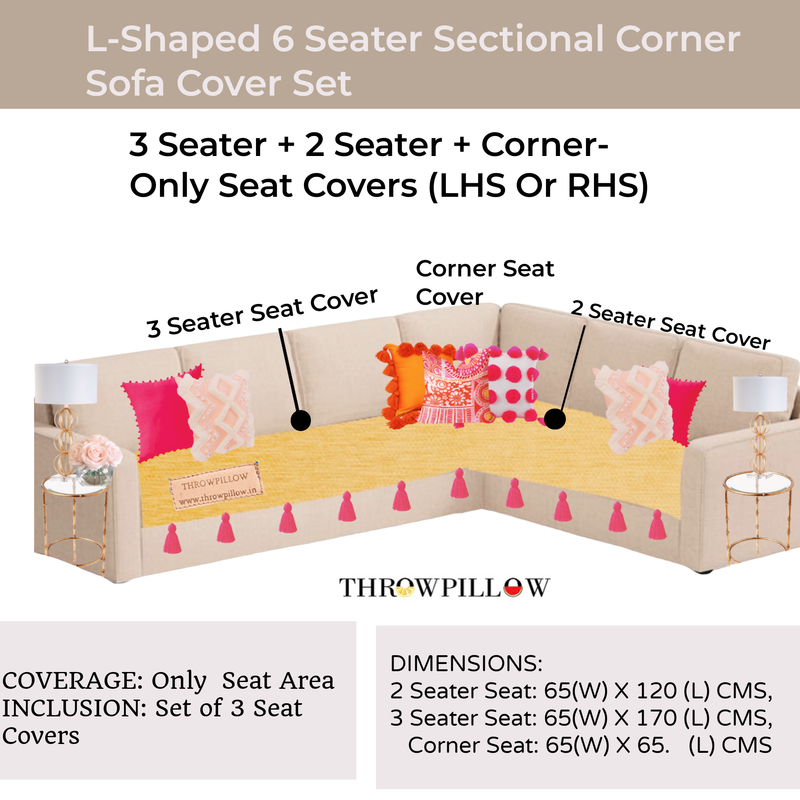 Yellow L-Shaped Corner Sofa Cover, Boho Sofa Cover With Tassels