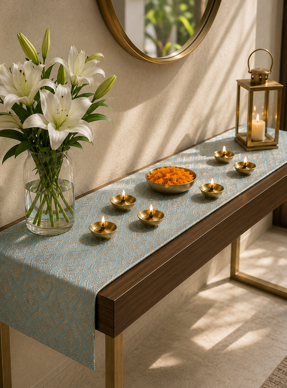 Thumbnail: Ice Blue-Gold Table Runner |Nightstand, Bed Side Table Cabinet