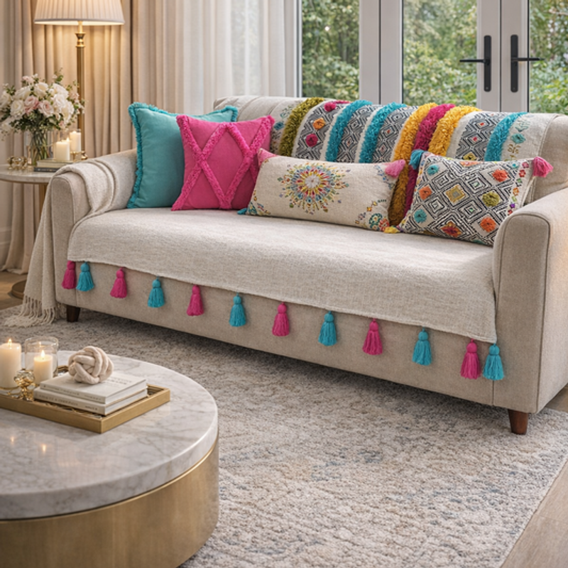 Thumbnail: Neutral Boho 5 Seater Sofa Cover With Tassels |Tassel Sofa Throw 3+2 Seater Set