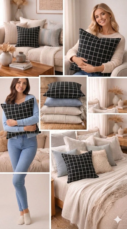 Miniatiūra: black window pane cushion   Square Sofa Cushion Cover 12x12 Inches