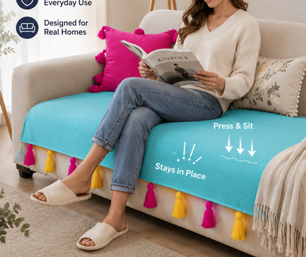 縮圖：Ice Blue 4 Seater Sofa Cover With Tassels |Anti-Slip Slipcover for Living Room
