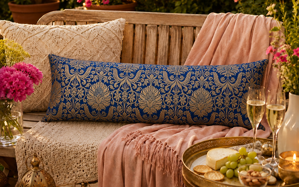 Hình thu nhỏ: Teal Blue Silk Brocade Cushion Cover 12x48 Inches| Rectangle