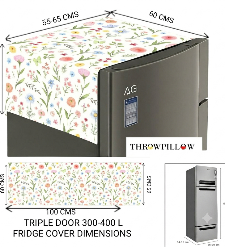 Thumbnail: Floral Small Triple Door Magnetic Fridge Cover With Corner Tassels 100-250 L