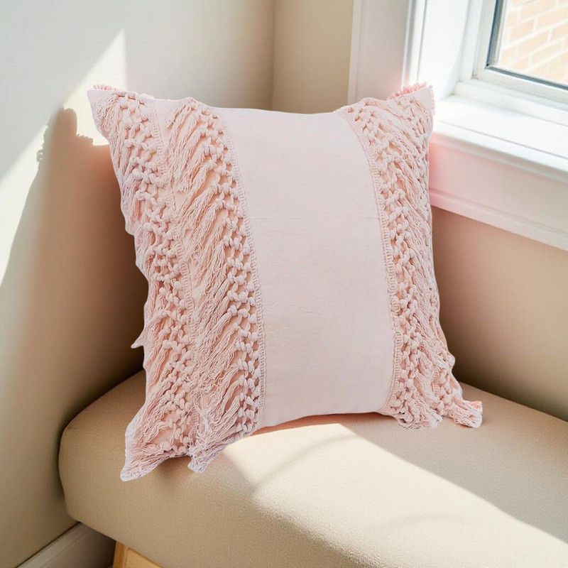 Миниатюра: Blush Pink Macram� Fringe Square Cushion Cover for Filler 16x16 Inches