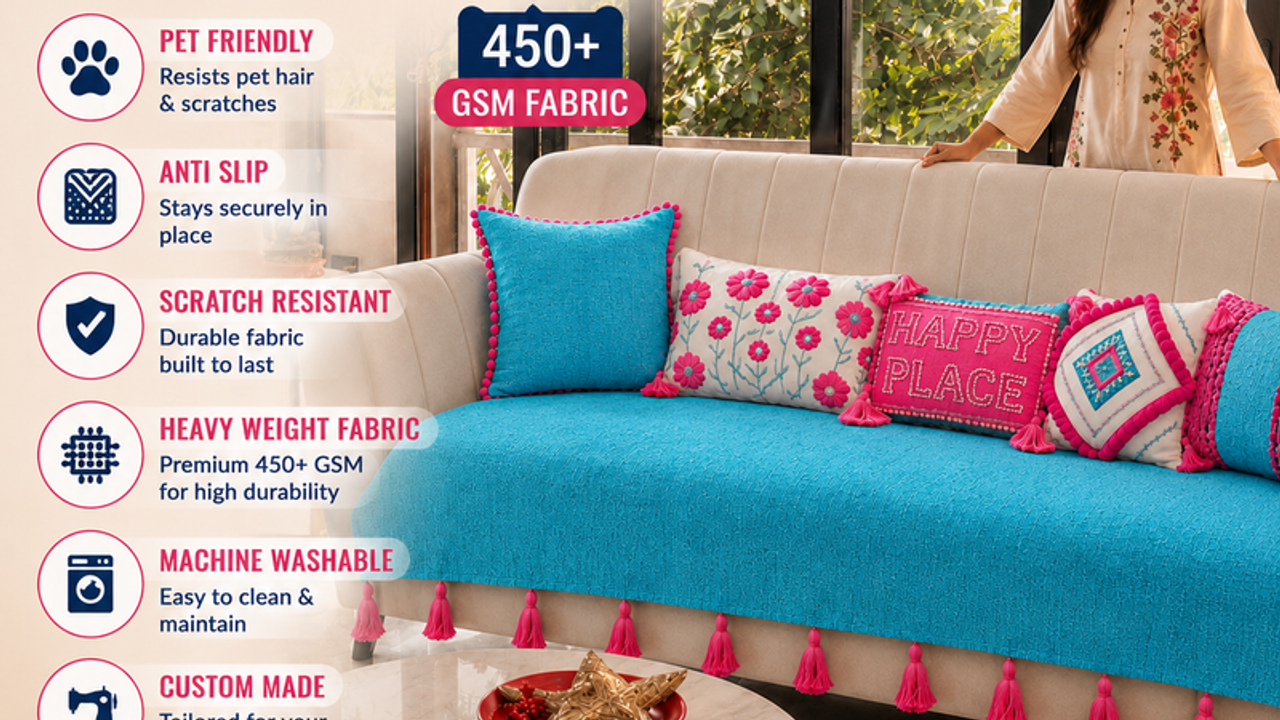 LShape Sofa Cover WithTassel Cerulean Blue 3 Seater + 2 Seater + 1 Corner