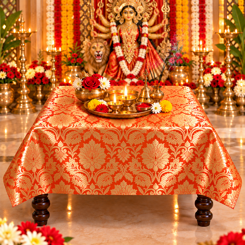 Oarnge Silk Brocade Pooja Asan Cover 12 Inches |Square Table(S)