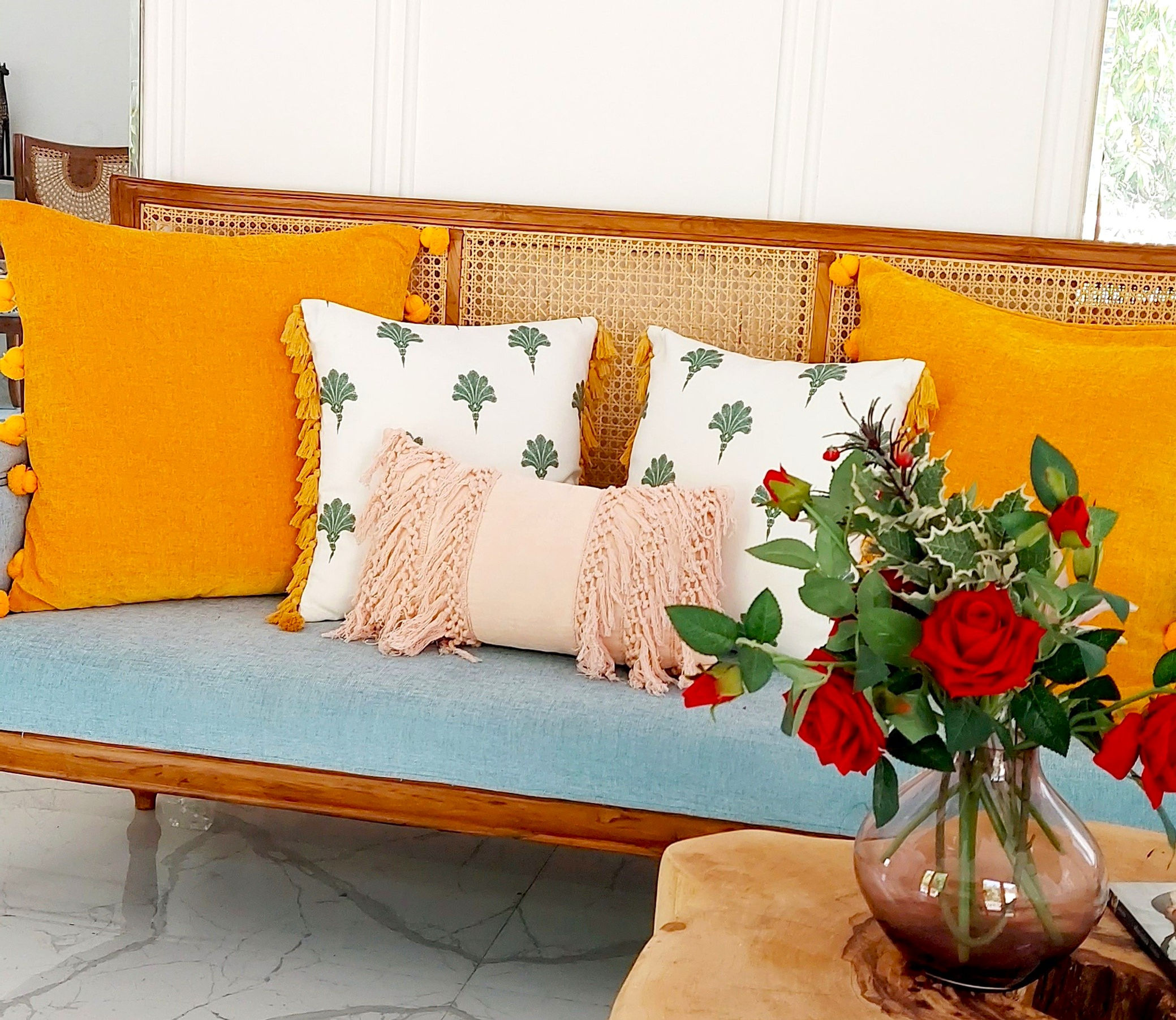 Yellow Tassels Cushion Cover