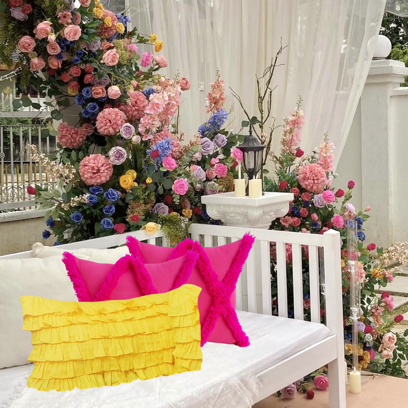 サムネイル： Handcrafted Yellow Frilled Cotton Rectangle Cushion Cover with Filler 12x24 Inch