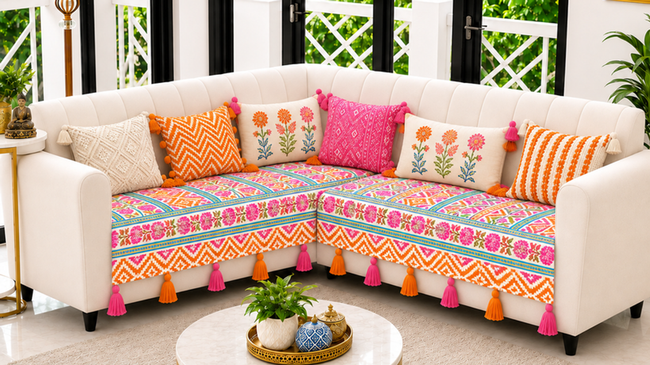 LShape 5 Seater Sofa Cover With Tassel Sunburst 2 Seater + 2 Seater + 1 Corner
