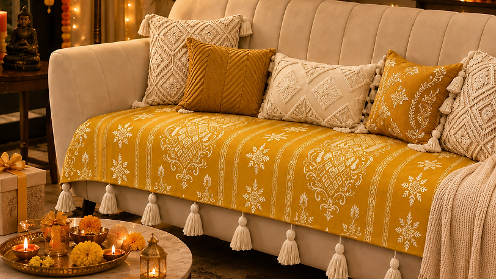 Sīktēls: LShape 6 Seater Sofa Cover With Tassel Amber Geo 3 Seater + 2 Seater + 1 Corner