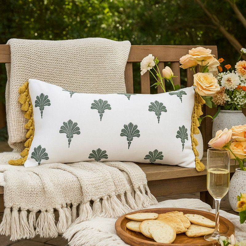 ภาพขนาดย่อ: Palm Print with Yellow Tassels Rectangle Cushion Cover with Filler 12x18 Inches