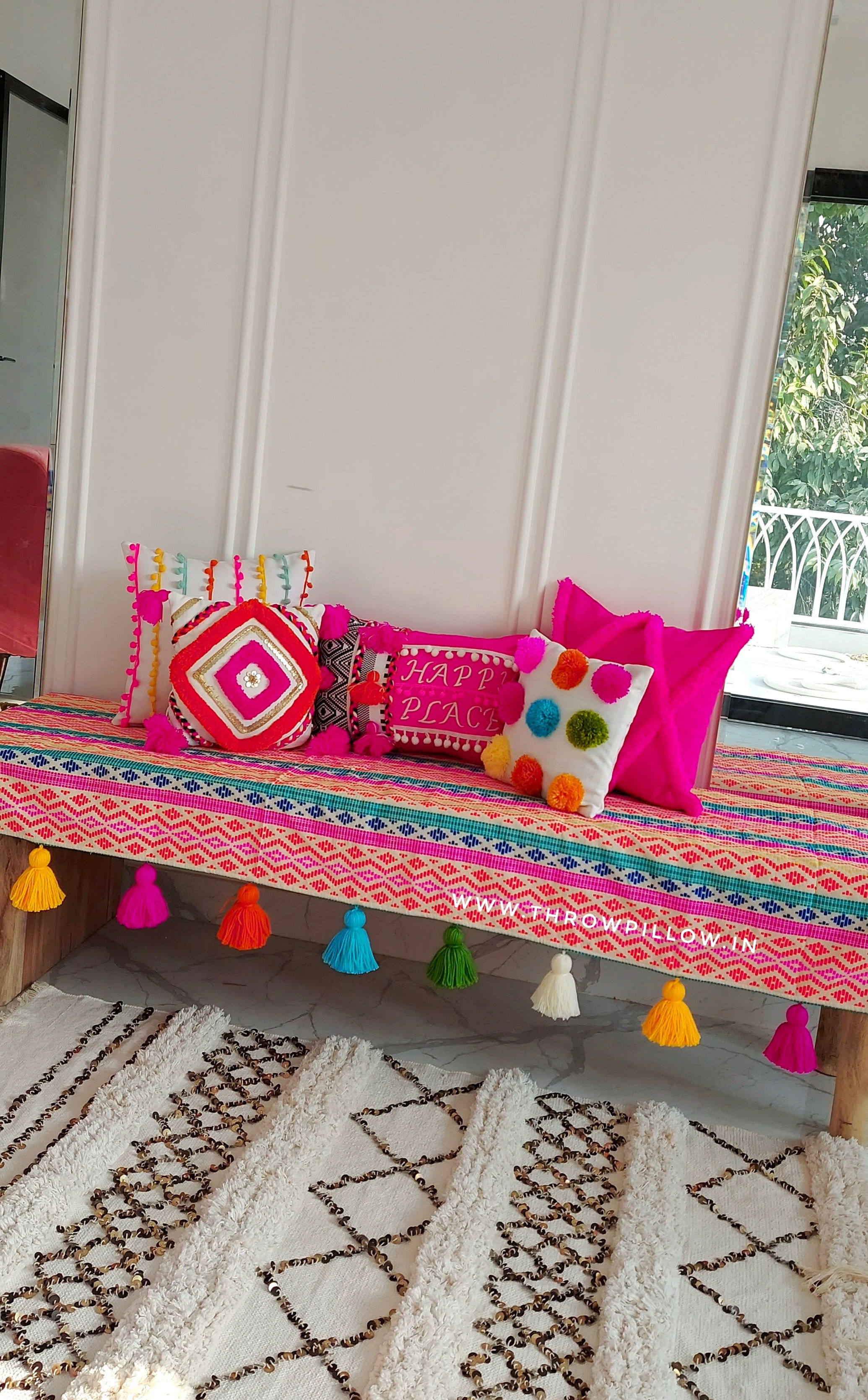 Happy Place Bohemian Embroidered Cushion Cover