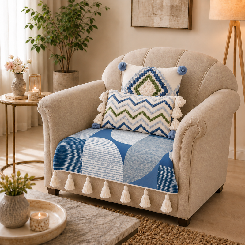 Blue Geomatric Single Seater Wing Chair, Dining Chair or Office Chair Cover