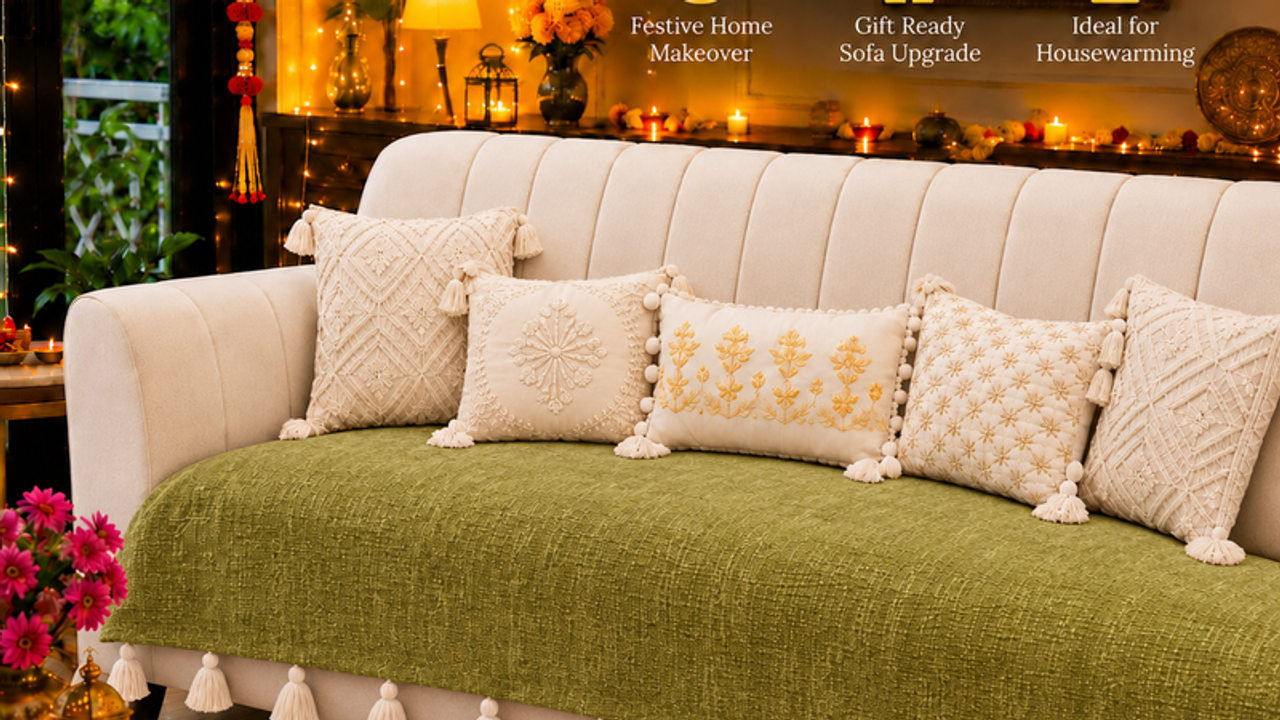 Olive Green 3 Seater+2 Seater+Corner L Shape Sofa Cover With Tassels|Seat Cover
