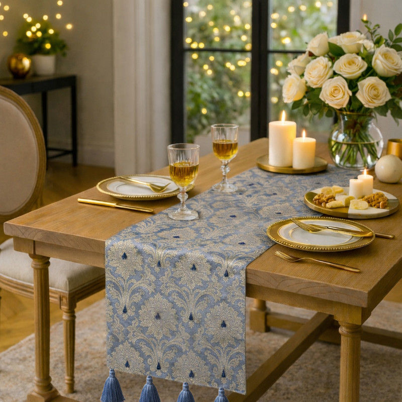 Thumbnail: Luxury Indian Grey Golden Banarsi Woven Grey Silk Table Runner With Tassels