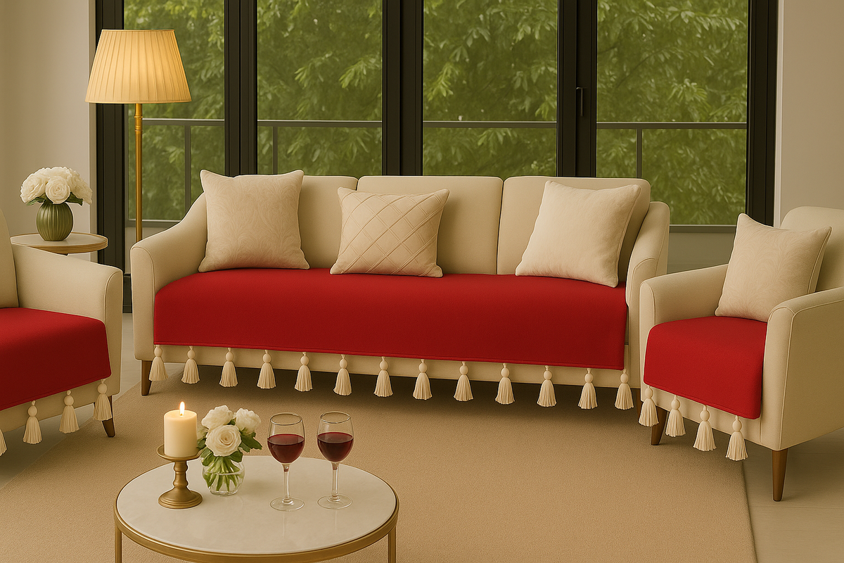 Red 3+1+1 Seater Sofa Cover With Tassels|5 Seater Sofa Cover Set|Seat Cover