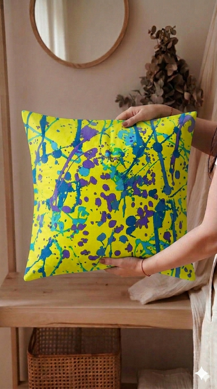 Thumbnail: Abstract Paint Splatter Neon yellow  Square Sofa Cushion Cover 16x16 Inches