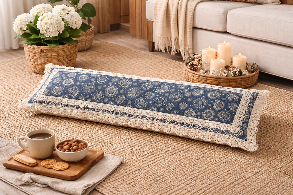 Thumbnail: Blue Mandala Print With Lace Rectangular Cushion Cover 14x36 Inches