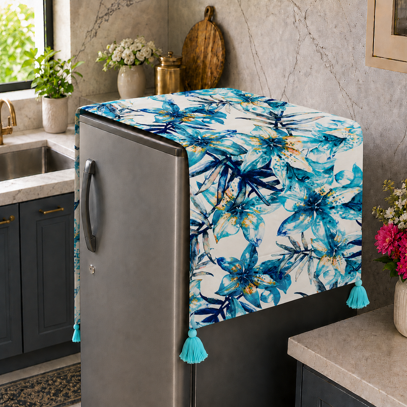 Fridge Top Cover Single Door 100-250Ltr|Corner Tassels|Blue Leaves Cover