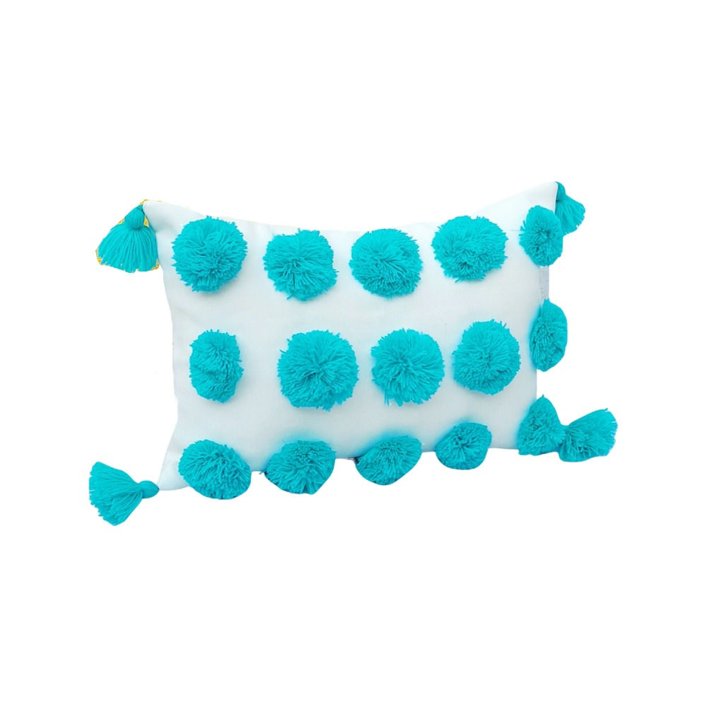 Brighten Up Your Space with our White & Aqua Blue Pom Pom Cushion Cover