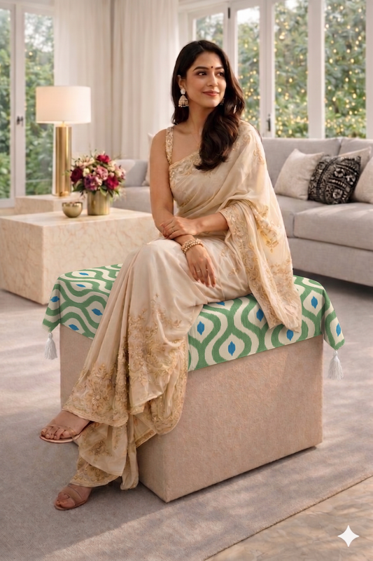 Ocean Leaf Pouf Cover With Corner Tassels Square 14"X14" Seat|24X24"Pouffe Cover