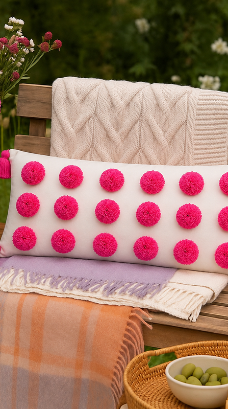 Miniatura: Hot Pink Pom Pom Pillow Cover Rectangular Cushion Cover 14x36 Inches