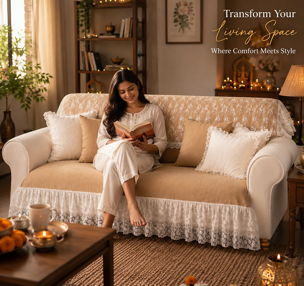 섬네일: Tan 5 Seater Sofa Cover With Lace Frill |Lace Frill Sofa Throw 3+2 Seater Set