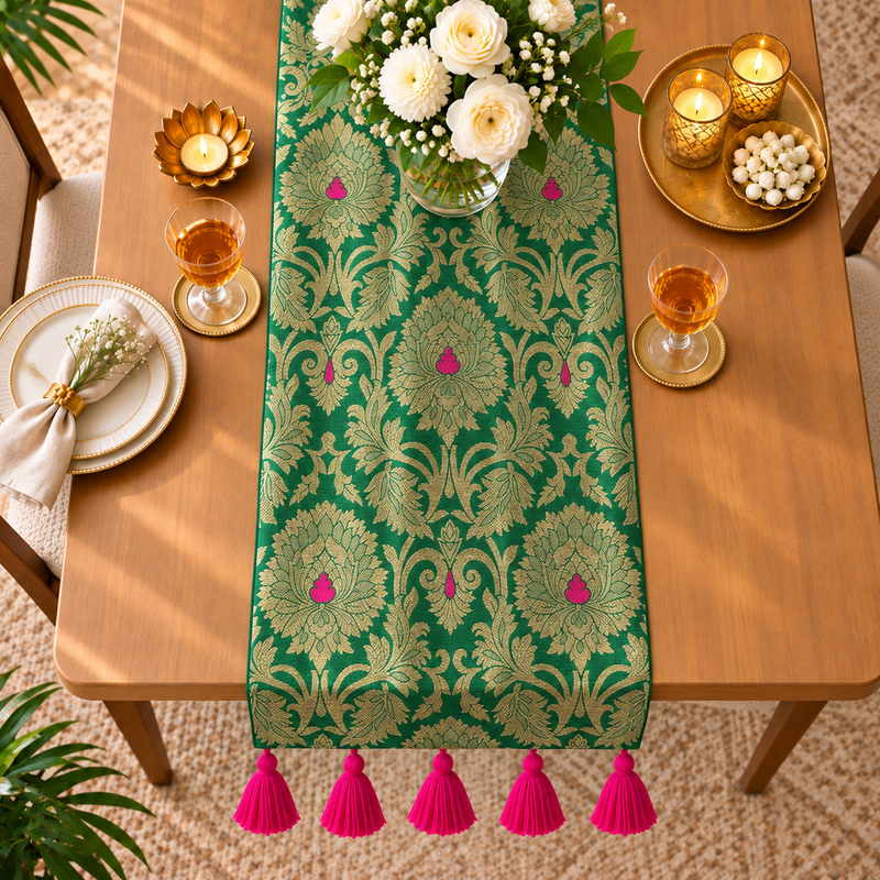 Green Brocade Tassel Table Runner 13x42" | Coffee & Center Table D�cor