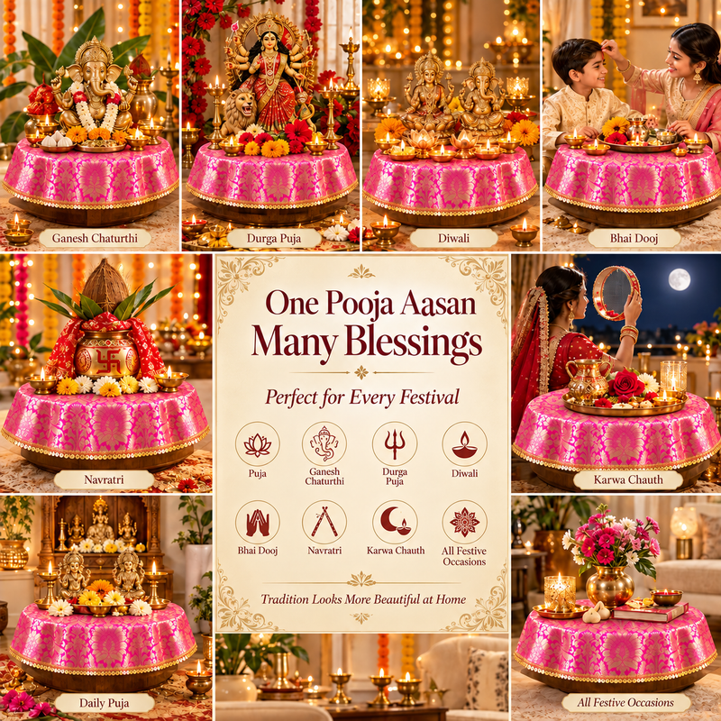 Pink Silk Brocade Pooja Asan Cover With Gold Trim 16 Inches |Round Table
