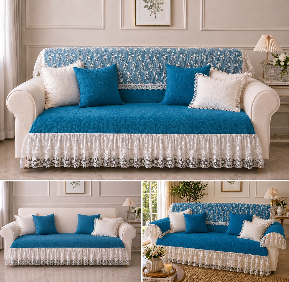 섬네일: Teal Blue 5 Seater Sofa Cover With Lace Frill |Frill Sofa Throw 3+2 Seater Set