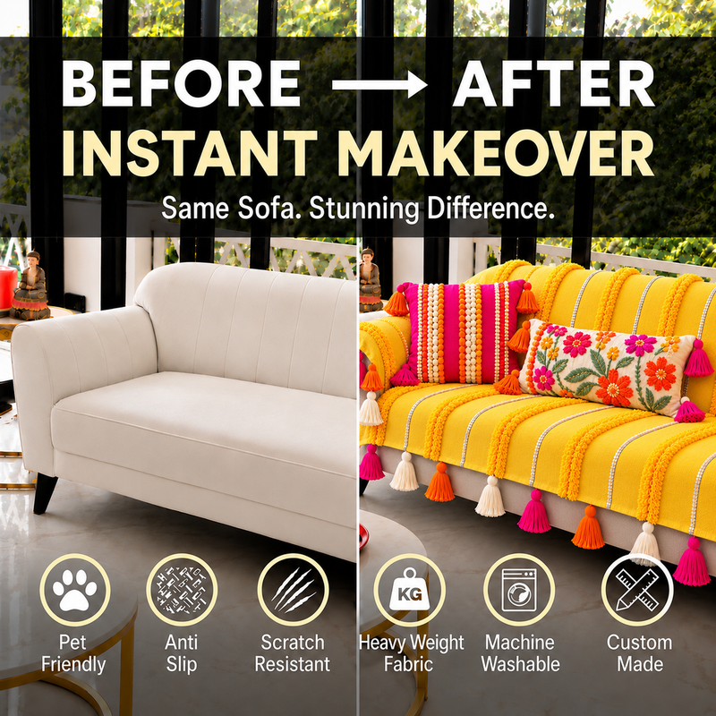Yellow Moroccan 2 Seater Sofa Cover With Tassels|Boho Sofa Throw For Love Seat
