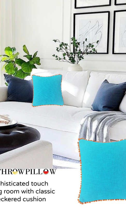 Thumbnail: Blue Cotton Basketweave with Orange Pom-Poms Square Cushion Cover 16x16 Inches