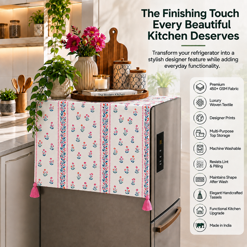 Miniatiūra: Fridge Cover Single 100-250L|Corner Tassels & Pockets|Vine Print  Cover