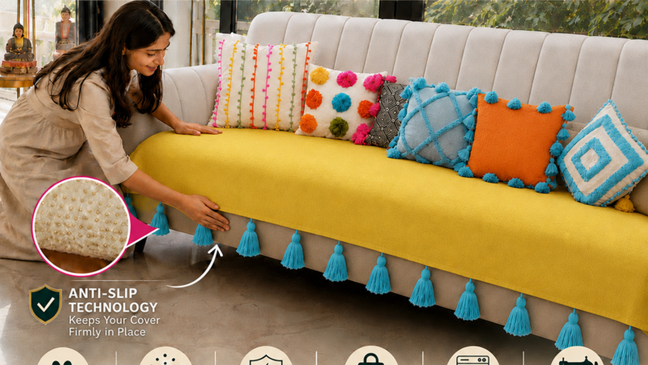 LShape 6 Seater Sofa Cover WithTasselLight Yellow 3 Seater + 2 Seater + 1 Corner