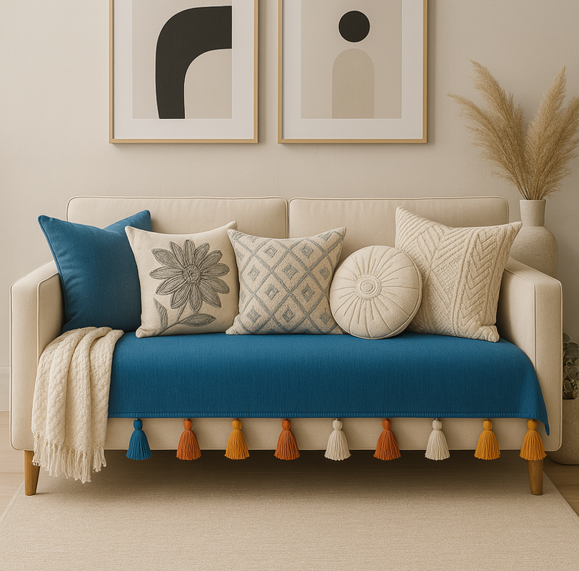 Миниатюра: Teal Blue Large 2 Seater Sofa Cover With Tassels|Anti Slip Tassel Sofa Throw