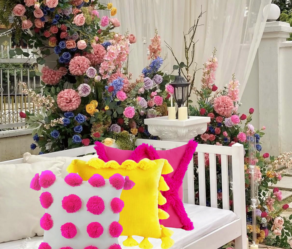 Miniature : Pink Handmade Pom-Poms & Tassels, Boho Decor Square Cushion Cover 12x12 Inches